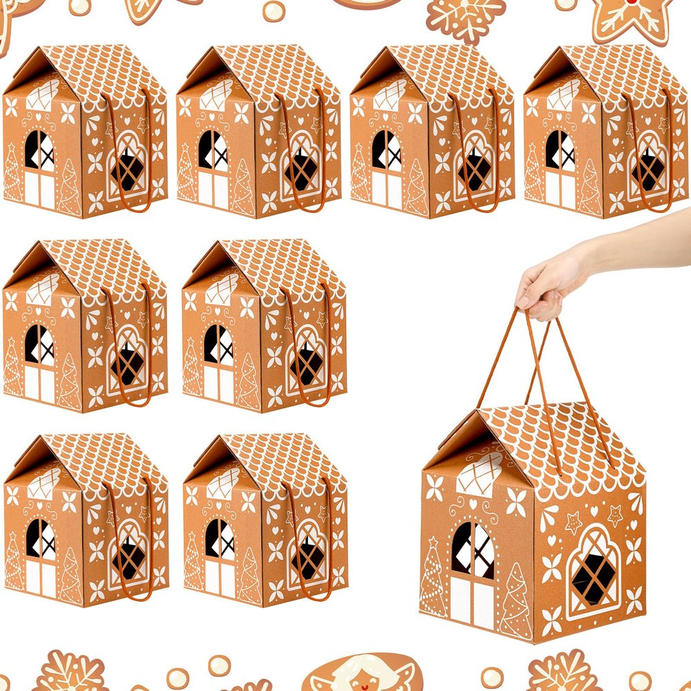 Resurhang 8 Pcs Large Christmas Gingerbread House Gift Box 10.43 Inch Christmas Cookie Packaging Candy Box Xmas Decor 3D Thick Wrap Container for Festive Holiday Treats and Party Favors