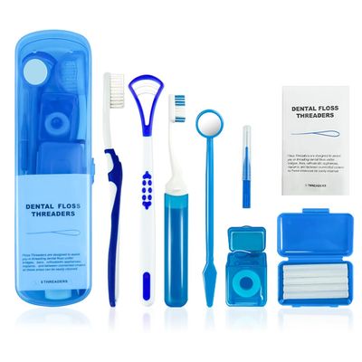 OUMJCING Portable Orthodontic Oral Care Kit - Orthodontic Dental Care Kit for Braces with Travel Case,Includes V/U-Shape Toothbrushes, Floss Threaders & Ortho Wax (Blue)