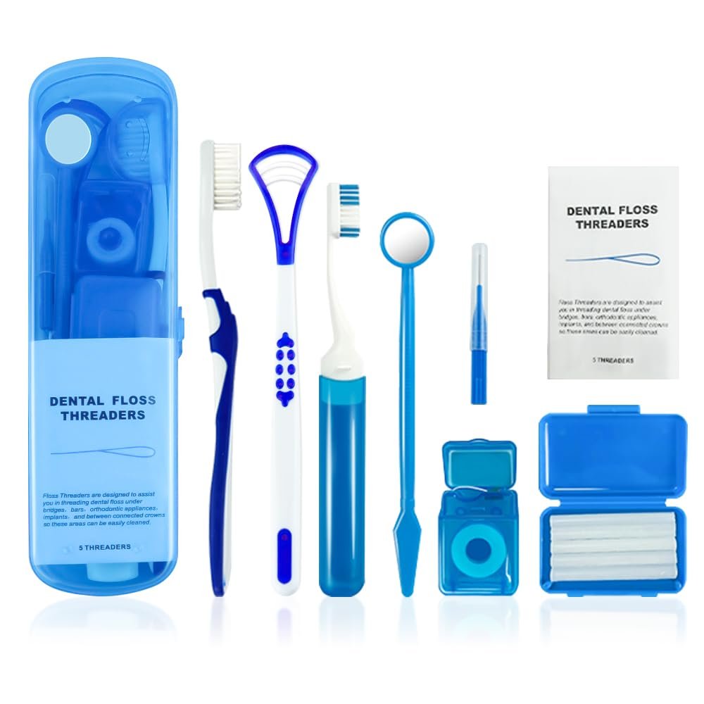 OUMJCING Portable Orthodontic Oral Care Kit - Orthodontic Dental Care Kit for Braces with Travel Case,Includes V/U-Shape Toothbrushes, Floss Threaders & Ortho Wax (Blue)