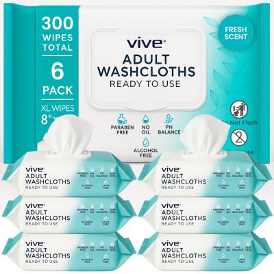 Vive Incontinence Wipes for Adults & Elderly (6 Pack - 300 Count - 8"x12")