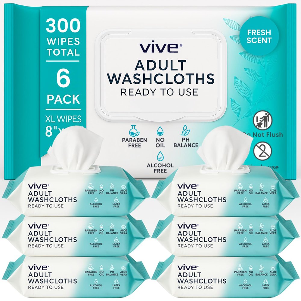Vive Incontinence Wipes for Adults & Elderly (6 Pack - 300 Count - 8"x12")