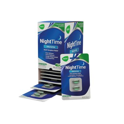 AXIV Nighttime Cold & Flu Relief Softgels Multi-Symptom Nighttime Relief for Headache Fever Sore Throat Minor Aches and Pains Sneezing Runny Nose and Cough 25 Blister Packs (2 Softgels Each, 50 Total)