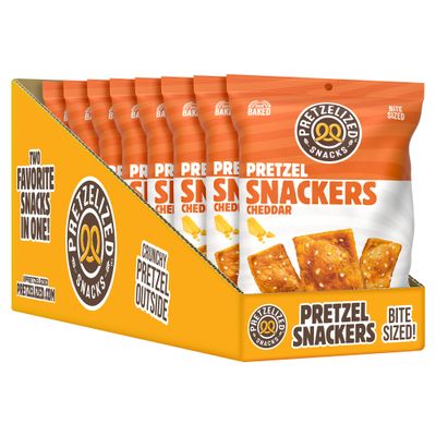 PRETZELIZED Pretzel Snackers, Cheddar, 2 oz Bags (Pack of 8) - Oven-Baked, Non-GMO, Two-in-One Cracker and Pretzel Snack