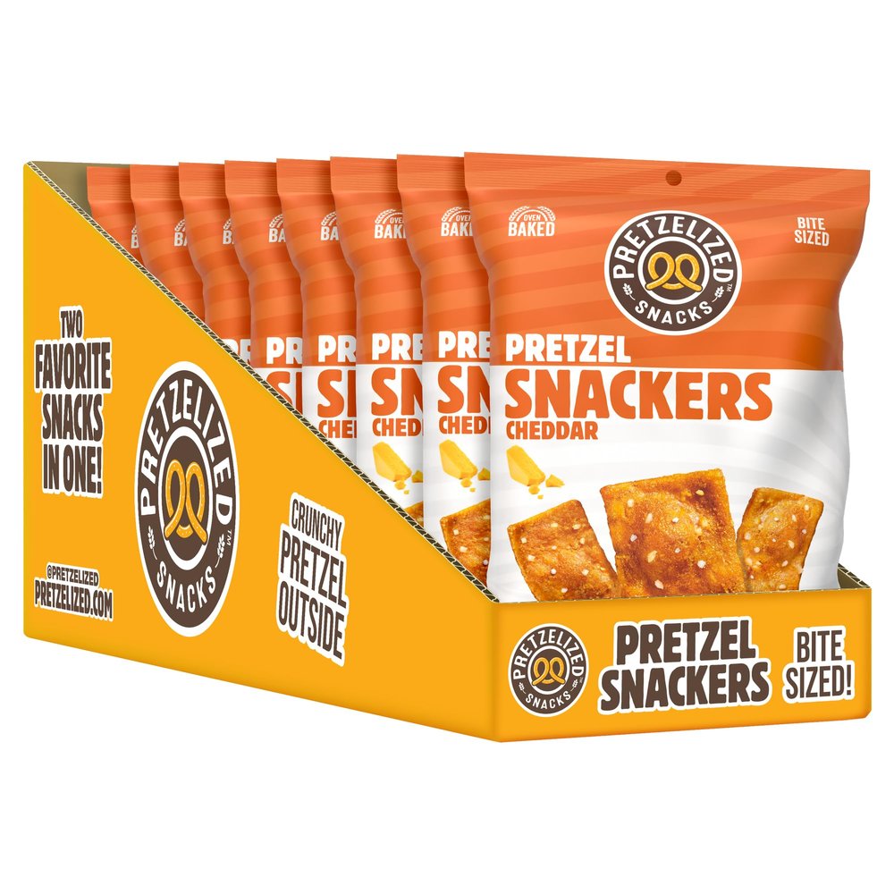 PRETZELIZED Pretzel Snackers, Cheddar, 2 oz Bags (Pack of 8) - Oven-Baked, Non-GMO, Two-in-One Cracker and Pretzel Snack