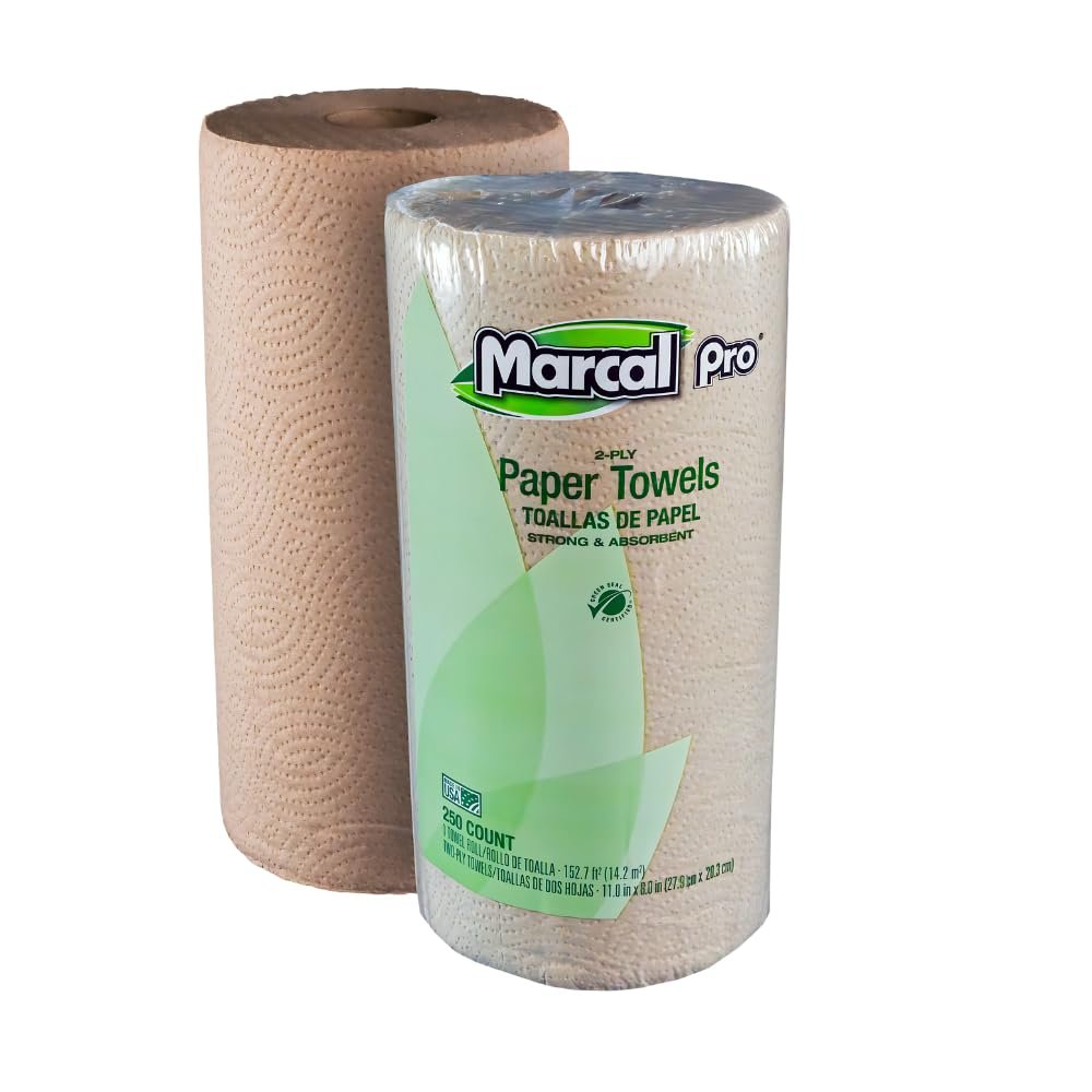 Marcal Paper Towels, Recycled Kraft Kitchen Paper Towels, 2-Ply, 250 Sheets Per Roll, 12 Rolls, Chemical Free (250HCK)