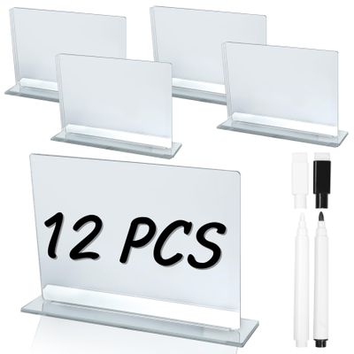 12 PCS Food Labels for Party Buffet - Ohmique Silvery Food Signs for Buffet, Acrylic Rectangle Mini Signs with Base & 2 Markers, Reusable Party Wedding Retail Table Labels (3.9"x3")