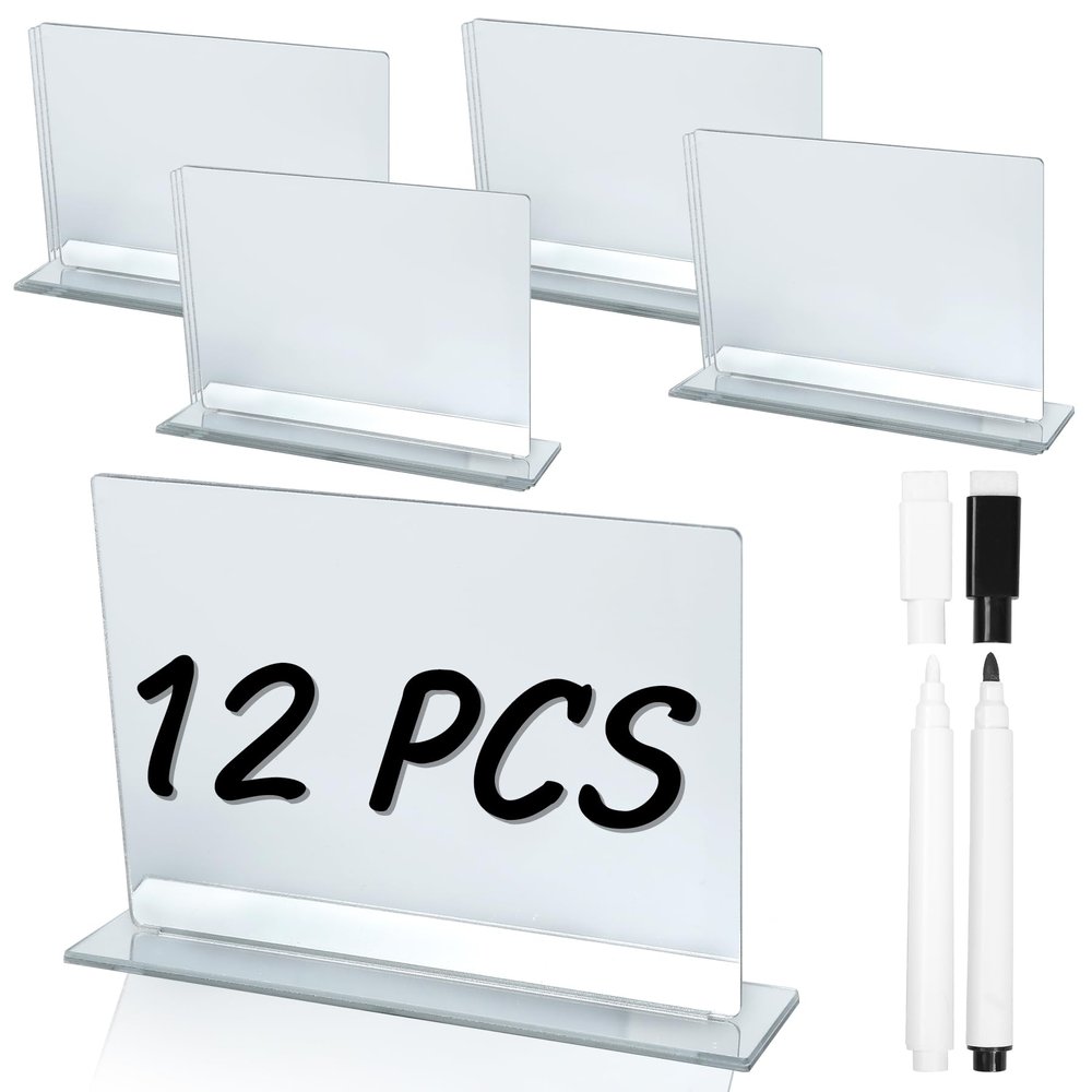 12 PCS Food Labels for Party Buffet - Ohmique Silvery Food Signs for Buffet, Acrylic Rectangle Mini Signs with Base & 2 Markers, Reusable Party Wedding Retail Table Labels (3.9"x3")