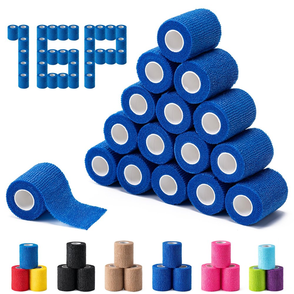 16 Pack Self Adhesive Bandage Wraps,2" X 5 Yards Non-Woven Elastic Cohesive Bandage Wrap, Color Athletic Tape for Wrist, Vet Wrap, Ankle Tape (Blue)