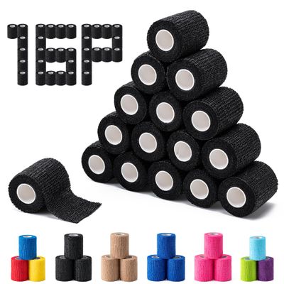 16 Pack Self Adhesive Bandage Wraps,2" X 5 Yards Non-Woven Elastic Cohesive Bandage Wrap, Color Athletic Tape for Wrist, Vet Wrap, Ankle Tape (Black)