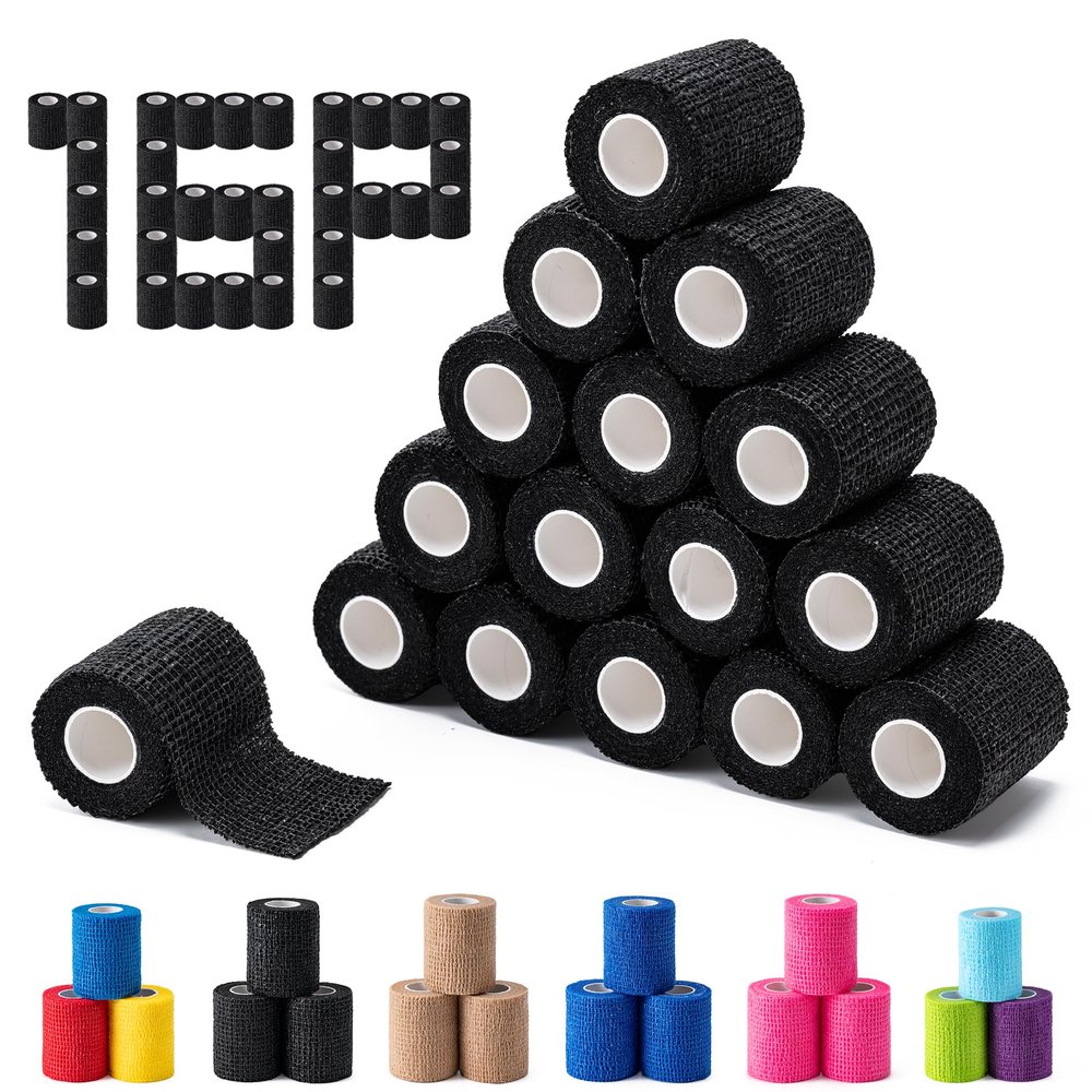 16 Pack Self Adhesive Bandage Wraps,2" X 5 Yards Non-Woven Elastic Cohesive Bandage Wrap, Color Athletic Tape for Wrist, Vet Wrap, Ankle Tape (Black)