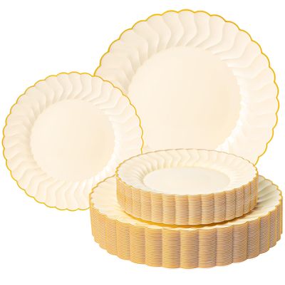 Lullaby 60PCS Light Yellow Scalloped Plastic Plates, Disposable Elegant Plates Include 30pcs Dinner Plate 10.25", 30pcs Plastic Dessert Plate 7.5", Perfect for Wedding and Party