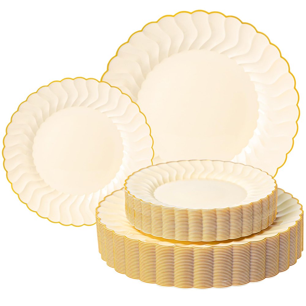 Lullaby 60PCS Light Yellow Scalloped Plastic Plates, Disposable Elegant Plates Include 30pcs Dinner Plate 10.25", 30pcs Plastic Dessert Plate 7.5", Perfect for Wedding and Party