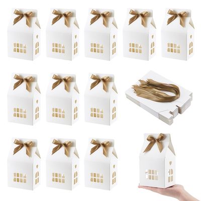 AHANDMAKER 20pcs Bowknot House Shaped Gift Boxes Candy Boxes with Tan Polyester Ribbon Wedding Favor Packing Decoration White Gable Bakery Packaging for Party Ornament Container Gift Giving