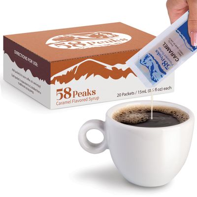 58Peaks Caramel Coffee Syrup Packets for Travel & On-the-Go Coffee | TSA-Approved Single Serve Flavor Packets | No Mess Alternative | 20 Count
