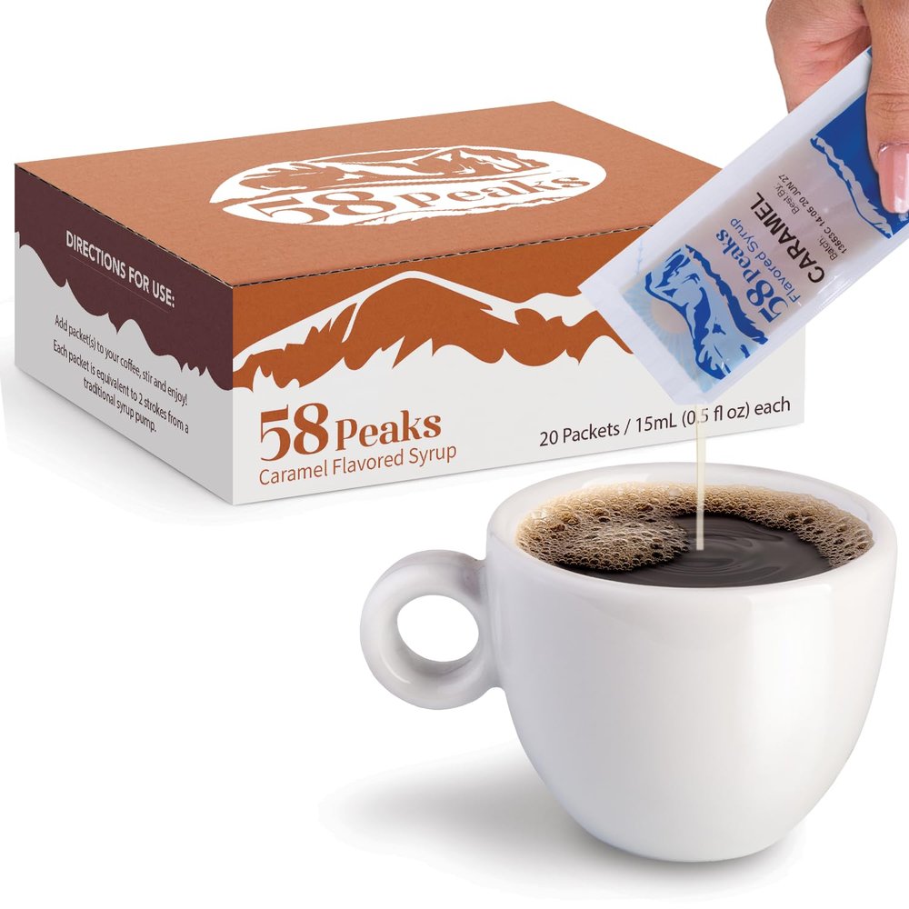 58Peaks Caramel Coffee Syrup Packets for Travel & On-the-Go Coffee | TSA-Approved Single Serve Flavor Packets | No Mess Alternative | 20 Count