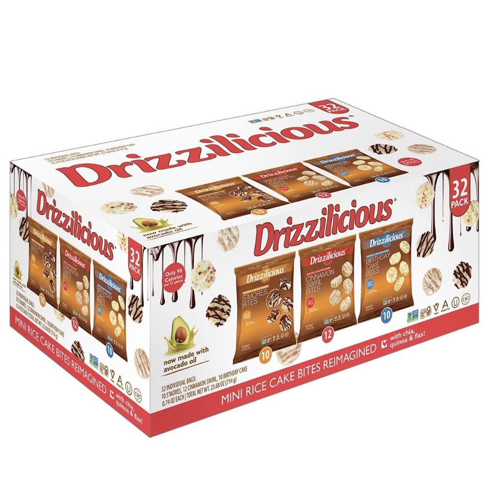 Drizzilicious Mini Rice Cakes Variety Pack - S'Mores, Cinnamon Swirl, Birthday Cake - Rice Crisps, Healthy Snack for Adults and Kids, Flavored Rice Cakes, Vegan, Gluten Free, Allergen Free, Only 90 Calories Per Bag, Made with Avocado Oil - 0.74 oz (P