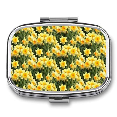 Yellow Spring Daffodils Metal Pill Organizer 2 Compartments Portable Compact Pill Case for Daily Use Travel Purse Wallet