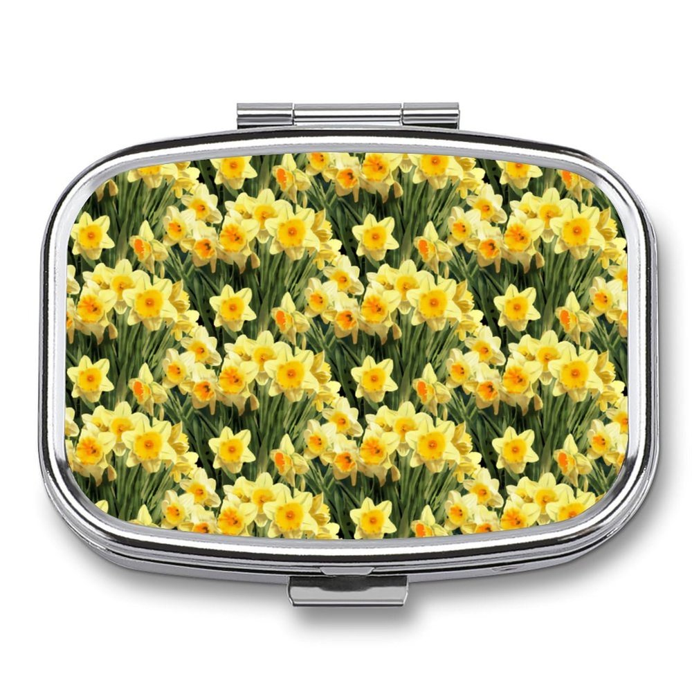 Yellow Spring Daffodils Metal Pill Organizer 2 Compartments Portable Compact Pill Case for Daily Use Travel Purse Wallet