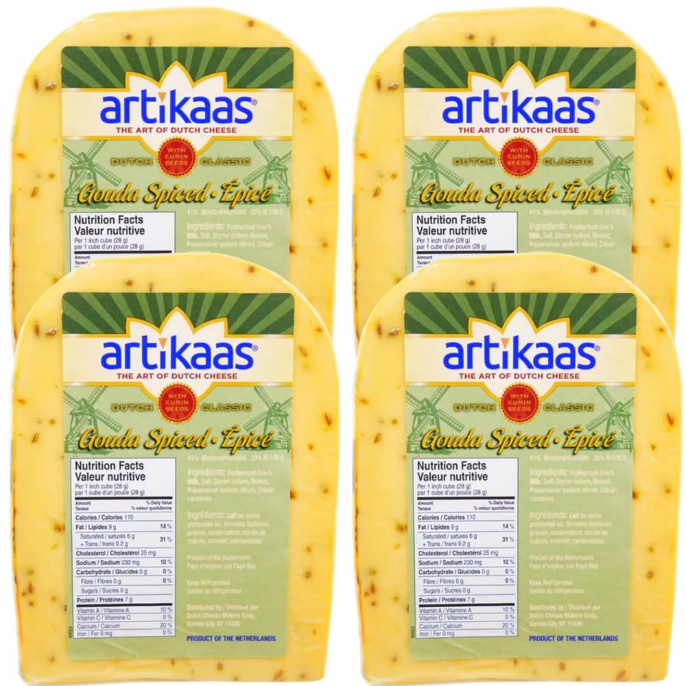 Artkaas Mild Spiced Gouda Cheese with Cumin Seeds 4 PreCut Portions | SemiHard Dutch Style