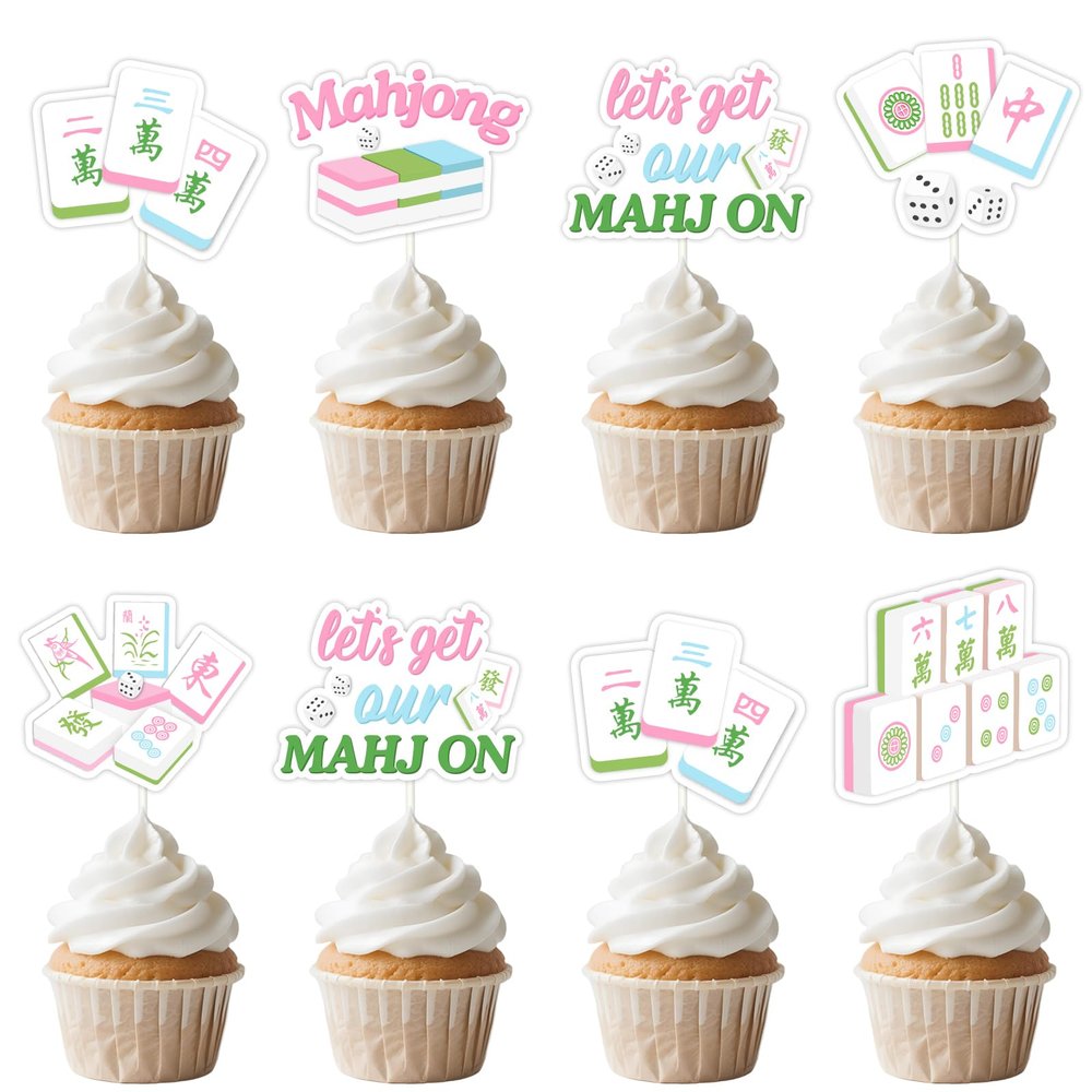 Sursurprise Mahjong Party Decorations, 24PCS Lets Get Our Mahj-ON Cupcake Toppers for Birthday Game Celebration Party Supplies
