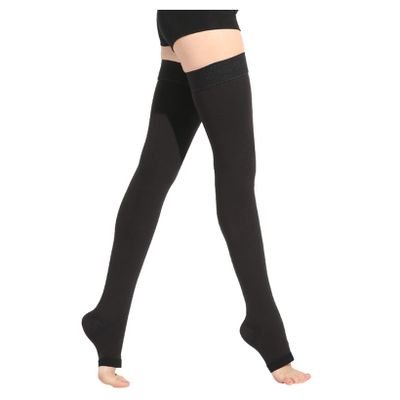 23~32mmHg Unisex Thigh High Medical Compression Stockings for Varicose Veins,Relief Pain,Edema,Leg Shaping(Black-Open Toe,L)