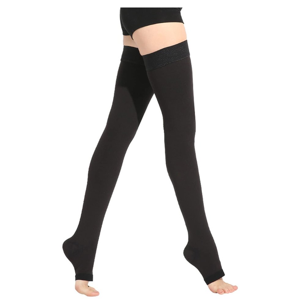23~32mmHg Unisex Thigh High Medical Compression Stockings for Varicose Veins,Relief Pain,Edema,Leg Shaping(Black-Open Toe,L)