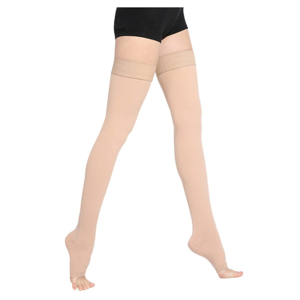 23~32mmHg Unisex Thigh High Medical Compression Stockings for Varicose Veins,Relief Pain,Edema,Leg Shaping(Beige-Open Toe,L)