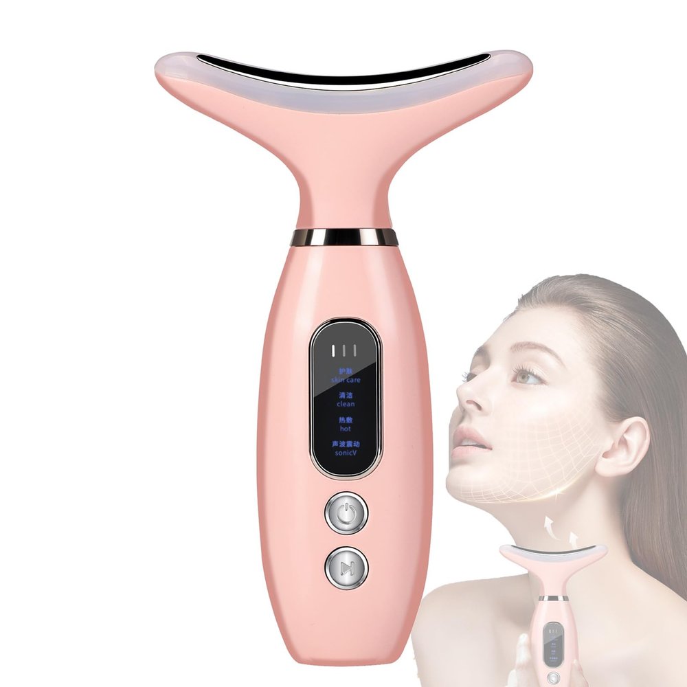 SHJBJRJ 2-in-1 Facial & Neck Relaxation DeviceGentle WarmingAmbient LED LightsSonic MassagePortable Design (Pink)