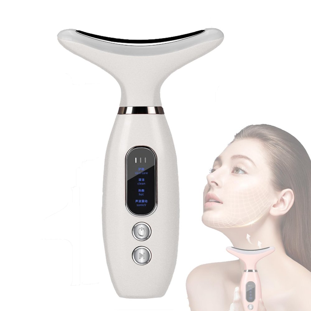 SHJBJRJ 2-in-1 Facial & Neck Relaxation DeviceGentle WarmingAmbient LED LightsSonic MassagePortable Design (White)
