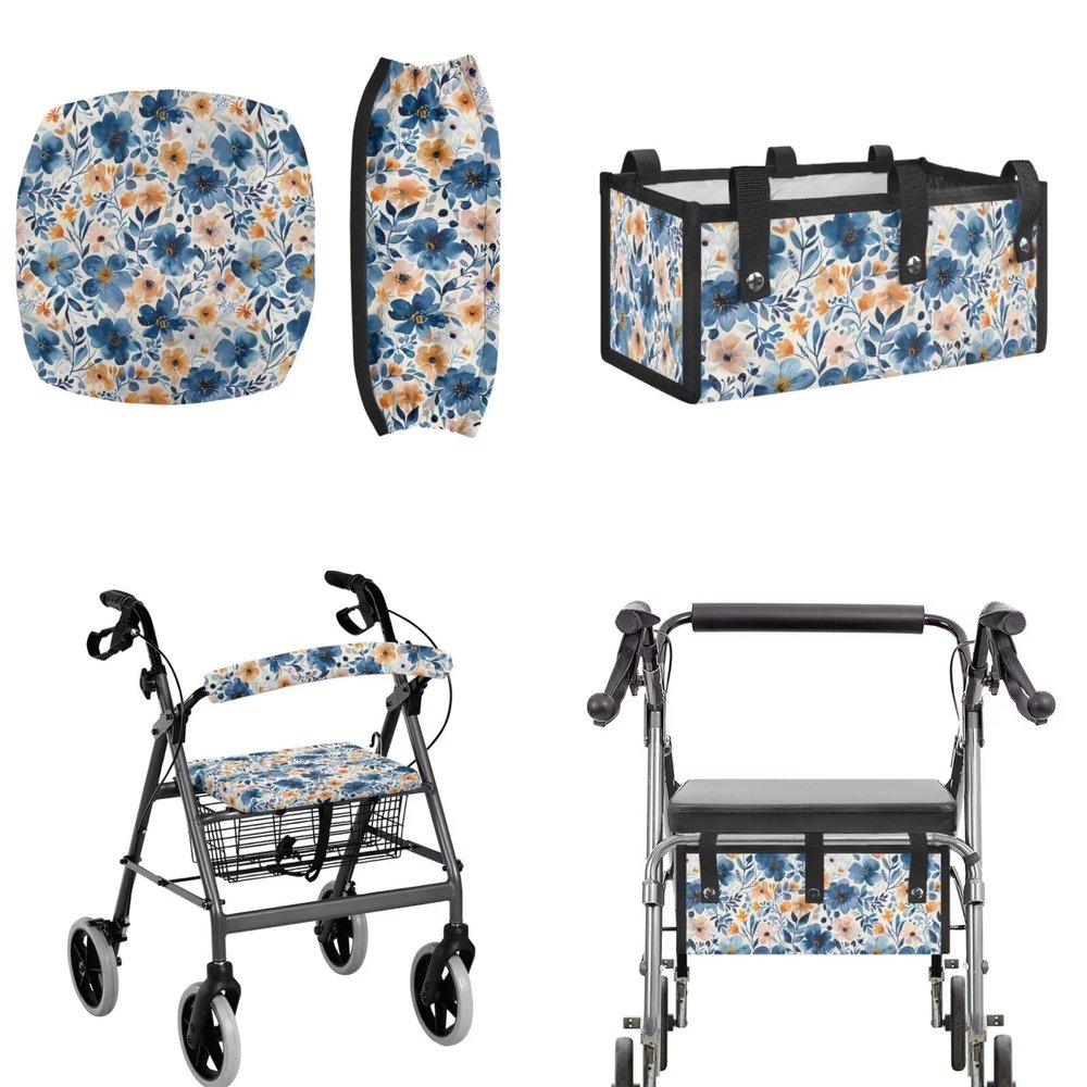 Uacyareni Floral Pattern Rollator Walker Seat and Backrest Covers with Under Seat Storage Bag for Seniors Adults Washable Rollator Walker Accessories 3 Pcs
