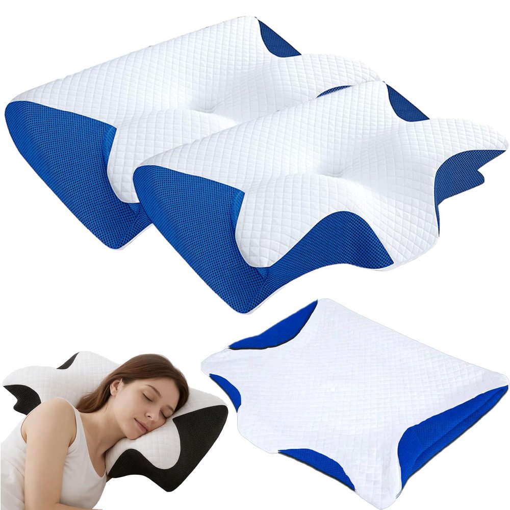 GDSAFS Neck Pillows, Neck Hospitality Collection with Neck Pillow Case, Memory Foam Ergonomic Pillows, Contoured Support Pillows for Side Back Stomach Sleepers (Blue*2)