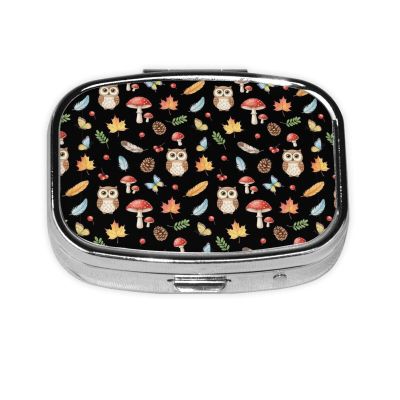 Luxury Pill Case Stainless Steel Mirror Finish Vitamin Organizer Executive Gifts Office Professional, Floral Owls Fall Leaves Mushroom