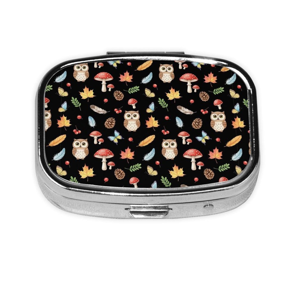 Luxury Pill Case Stainless Steel Mirror Finish Vitamin Organizer Executive Gifts Office Professional, Floral Owls Fall Leaves Mushroom