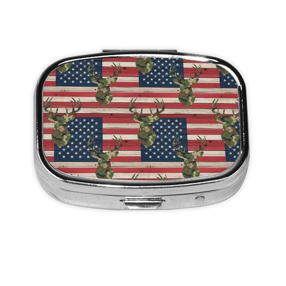 Elderly Pill Organizer Simple AM/PM Box Large-Compartment Medicine Case Arthritis-Friendly, Hunting Deer Camo Camouflage Wooden American Flag