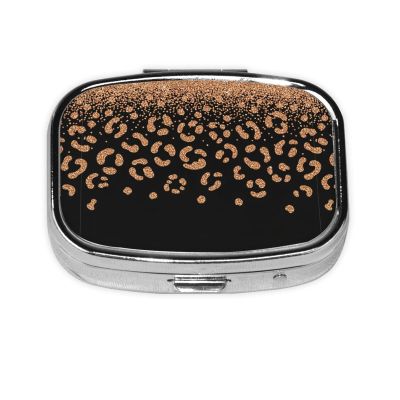 Metal Pill Box AM/PM Compartments Small Medicine Organizer Supplements Case Travel Essential, Rose Gold Glitter Black Cheetah Leopard Print
