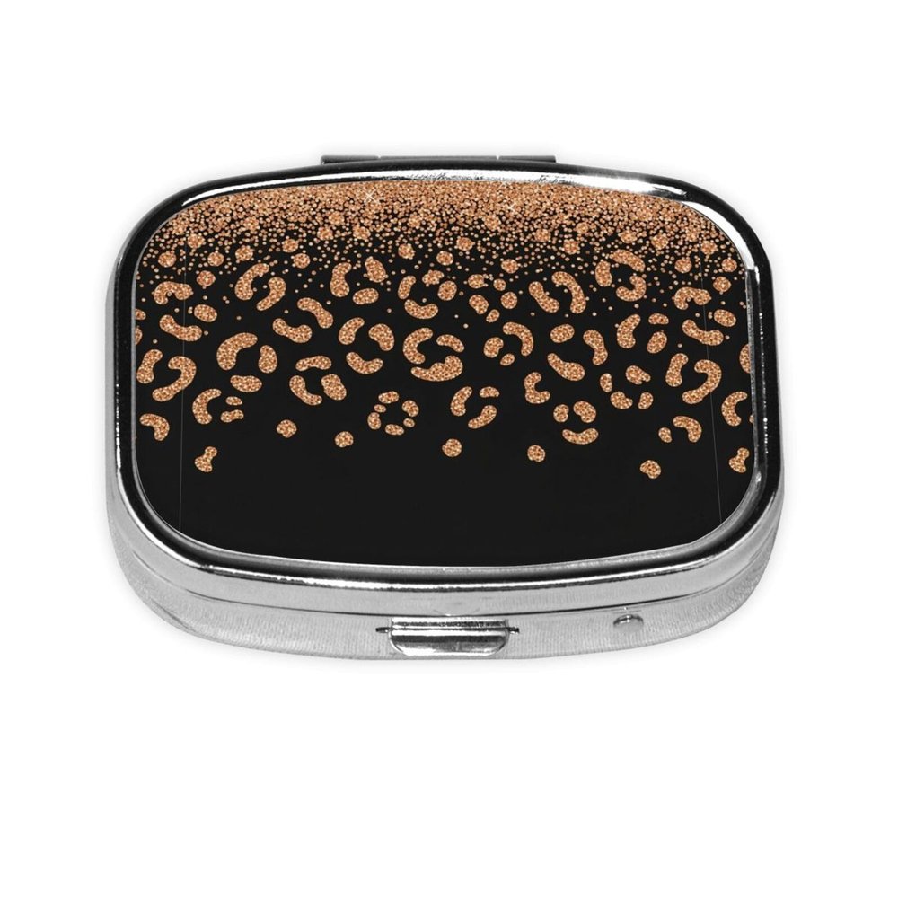 Metal Pill Box AM/PM Compartments Small Medicine Organizer Supplements Case Travel Essential, Rose Gold Glitter Black Cheetah Leopard Print