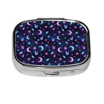 Discreet Pill Organizer Mini Pocket Case Medication Holder Business Meeting Concealed Carry, Trippy Purple Goth Moon Crystals Black Sky