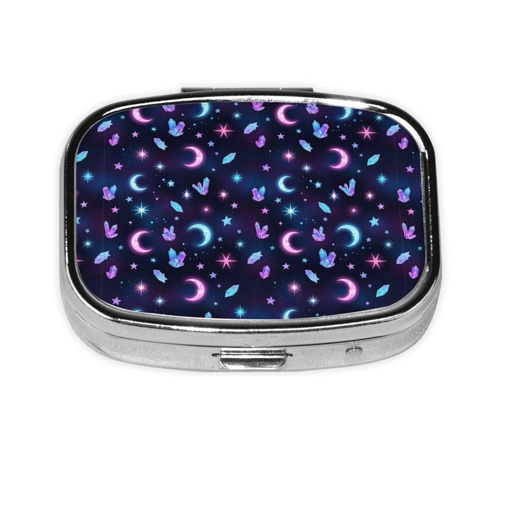 Discreet Pill Organizer Mini Pocket Case Medication Holder Business Meeting Concealed Carry, Trippy Purple Goth Moon Crystals Black Sky