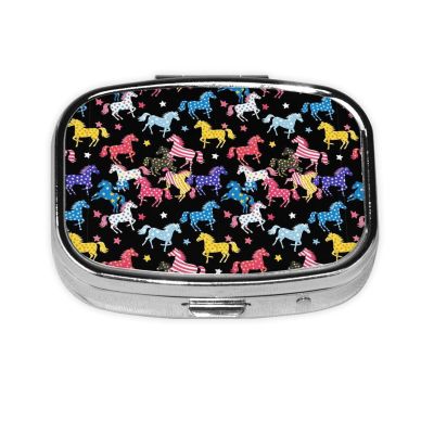 Square Pill Case 2-Compartment Medicine Organizer Portable Tablet Holder Travel Gym Office Use, Black Colorful Horse