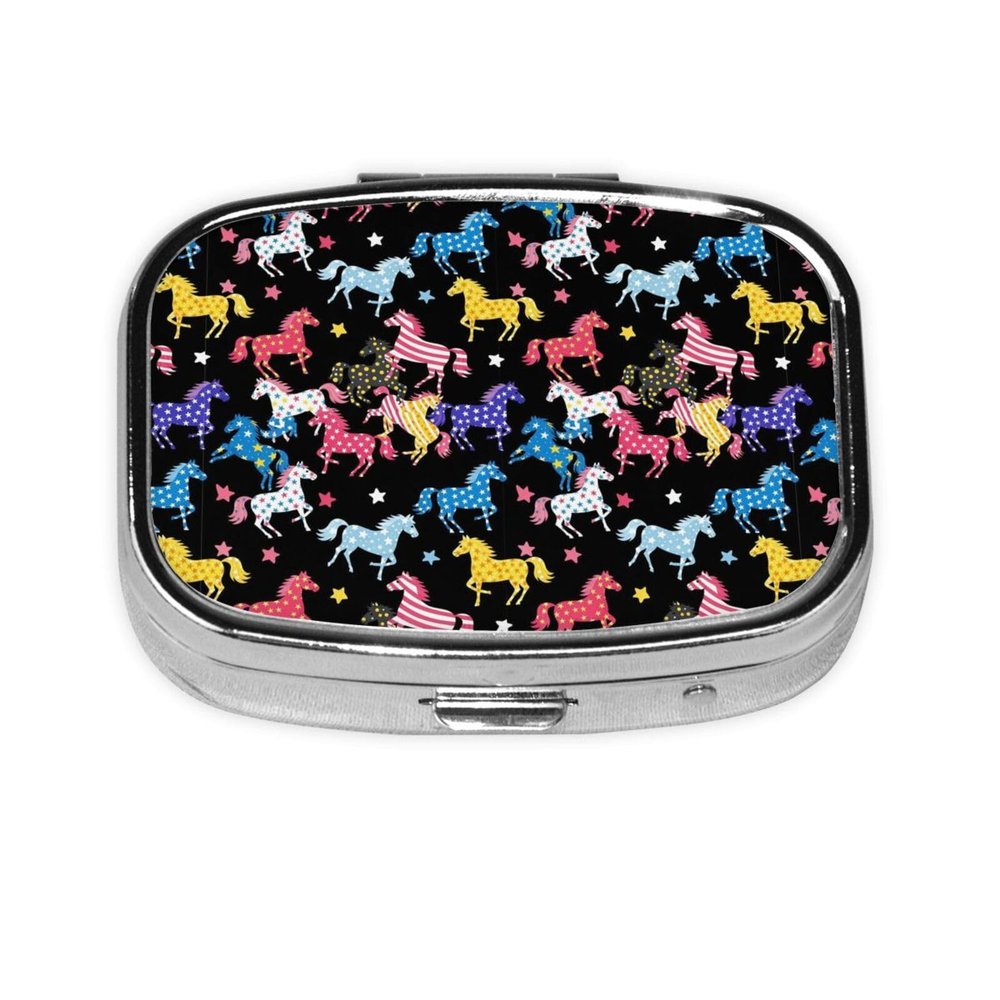 Square Pill Case 2-Compartment Medicine Organizer Portable Tablet Holder Travel Gym Office Use, Black Colorful Horse