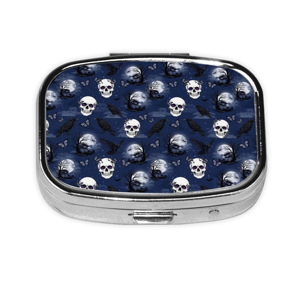 Mini Pill Organizer Moisture-Proof Design Daily Vitamin Case Compact Purse Carry Essential, Halloween Full Moon Raven Goth Skulls
