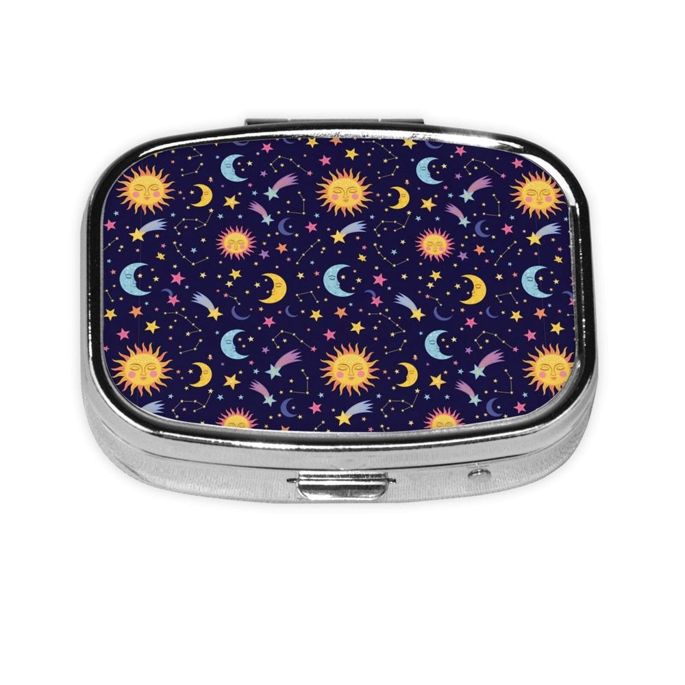 Leakproof Pill Box Fish Oil Organizer Portable Medicine Case Hiking Camping Outdoor Essentials, Space Galaxy Constellation Sun Moon Stars Pattern