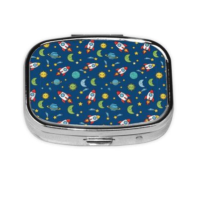 Discreet Pill Organizer Mini Pocket Case Medication Holder Business Meeting Concealed Carry, Cartoon Space Rockets Planets Stars