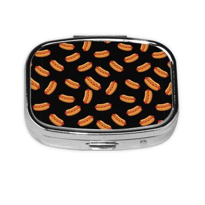 Metal Pill Box AM/PM Compartments Small Medicine Organizer Supplements Case Travel Essential, Fun Food Hotdog Hot Dogs