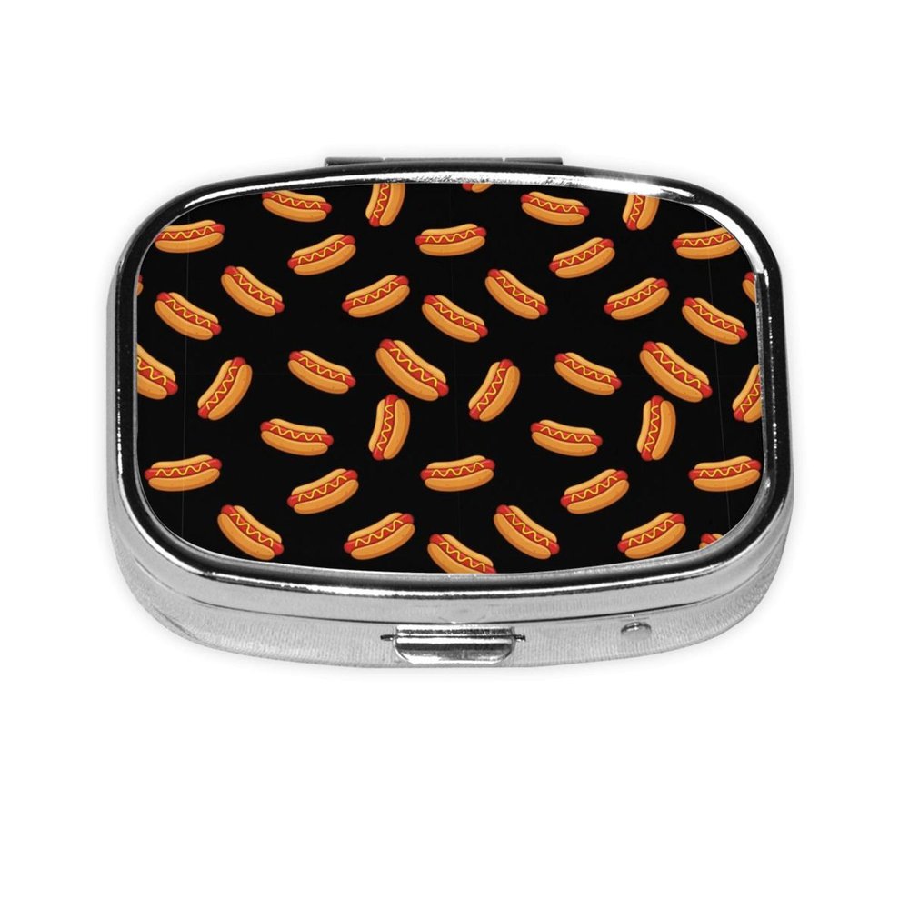 Metal Pill Box AM/PM Compartments Small Medicine Organizer Supplements Case Travel Essential, Fun Food Hotdog Hot Dogs