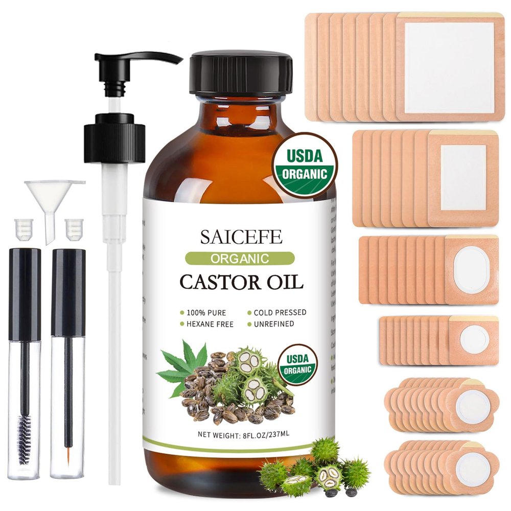 56pcs Castor Oil Patches with Caster Oil Organic Cold Pressed Unrefined Glass Bottle 8oz, Castor Oil Pack Wrap for Belly, Neck, Back, Arms, and Hair Growth (with Eyelash Kit)