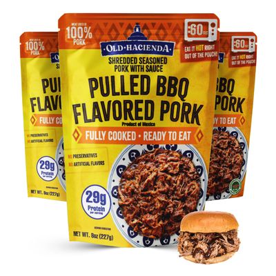 Old Hacienda Pulled BBQ Flavored Pork | 100% Shredded Seasoned Pork with Sauce | Fully Cooked & Ready to Eat | 29g Protein | No Preservatives or Artificial Flavors | BPA Free Pouch | Pack of 3 - 8oz