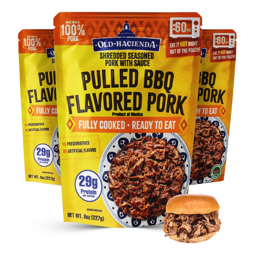 Old Hacienda Pulled BBQ Flavored Pork | 100% Shredded Seasoned Pork with Sauce | Fully Cooked & Ready to Eat | 29g Protein | No Preservatives or Artificial Flavors | BPA Free Pouch | Pack of 3 - 8oz