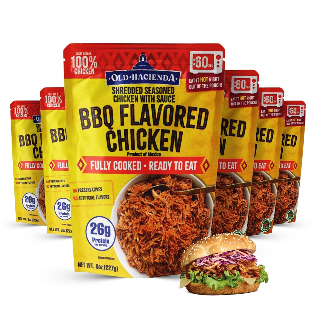 Old Hacienda BBQ Flavored Chicken | 100% Shredded Seasoned Chicken with Sauce | Fully Cooked & Ready to Eat | 26g Protein | No Preservatives or Artificial Flavors | BPA Free Pouch | Pack of 6-8oz