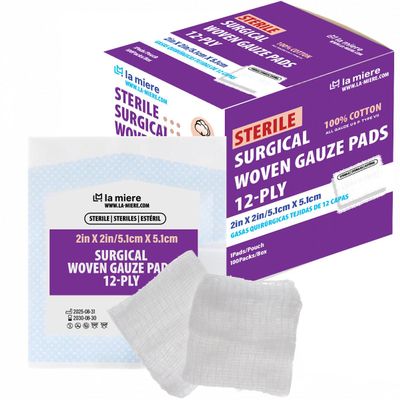 LA MIERE Gauze Swabs, 2"x2" -100P, 12-Ply, Sterile 100% Cotton Gauze Pads, All-Purpose Dental and Surgical Sponges for Wound Carel